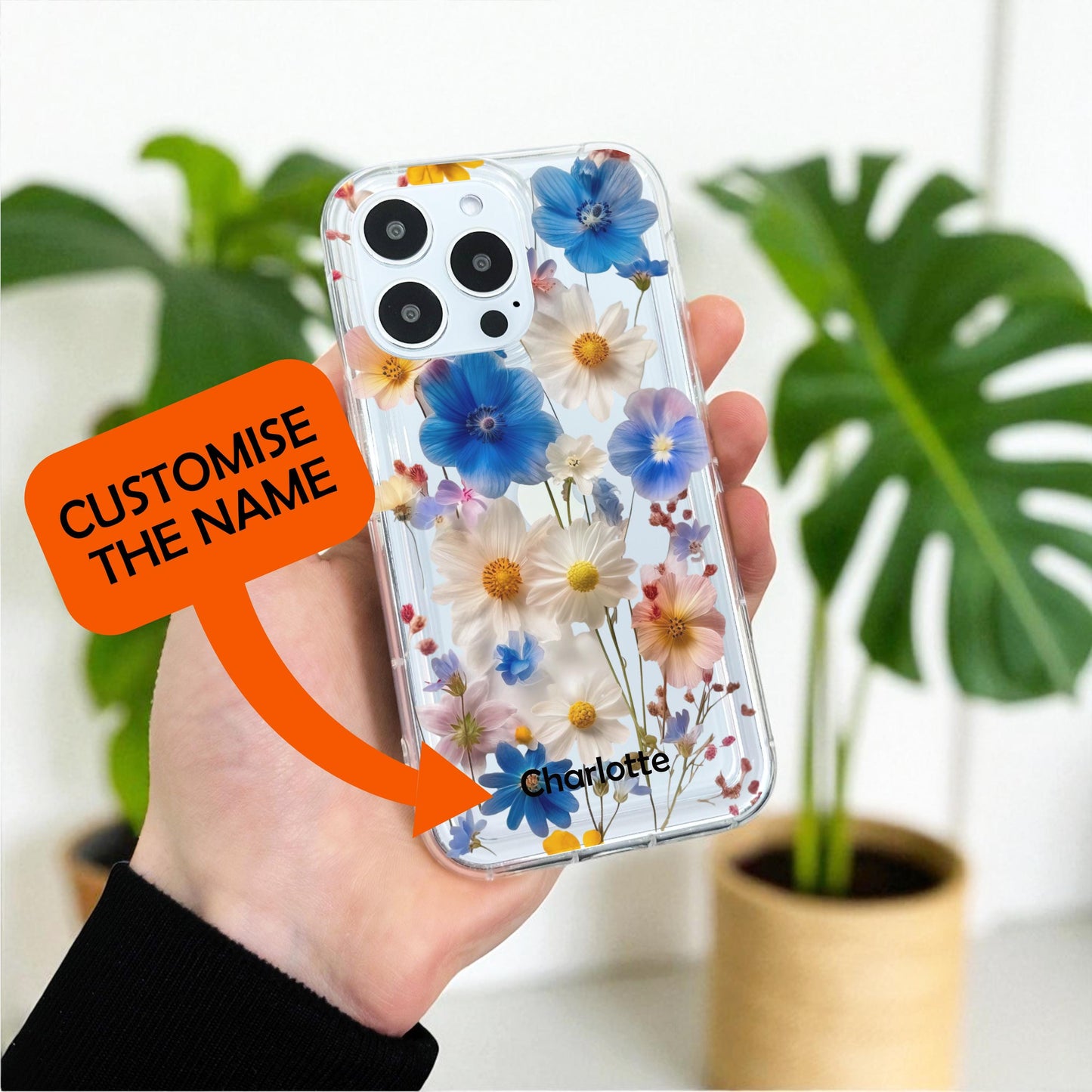 Pressed Flower Print Clear Phone Case for iPhone 17 16 15 14 13 12 11 11 Pro Max Mini 7 8 XR X Shockproof Silicone Phone Cover Custom Name