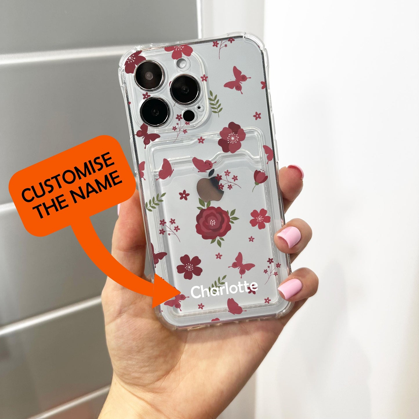 Burgundy Rose Butterfly Flower Card Holder Phone Case for iPhone 17 16 15 14 13 12 11 11 Pro Max Mini 7 Wallet Shockproof Phone Cover Custom