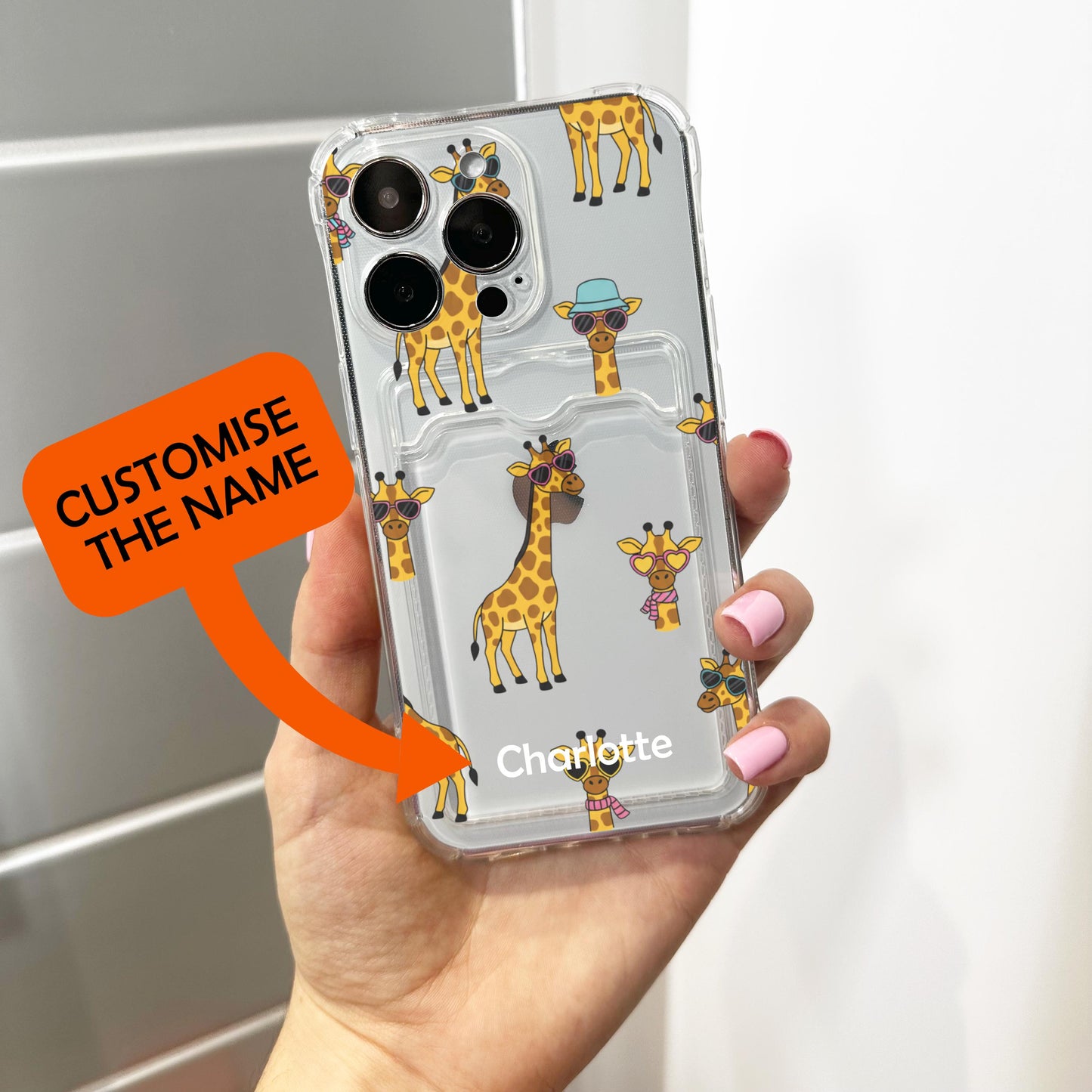 Giraffe Print Card Holder Phone Case for iPhone 17 16 15 14 13 12 11 11 Pro Max Mini 7 8 XR XS X Wallet Shockproof Phone Cover Custom Name