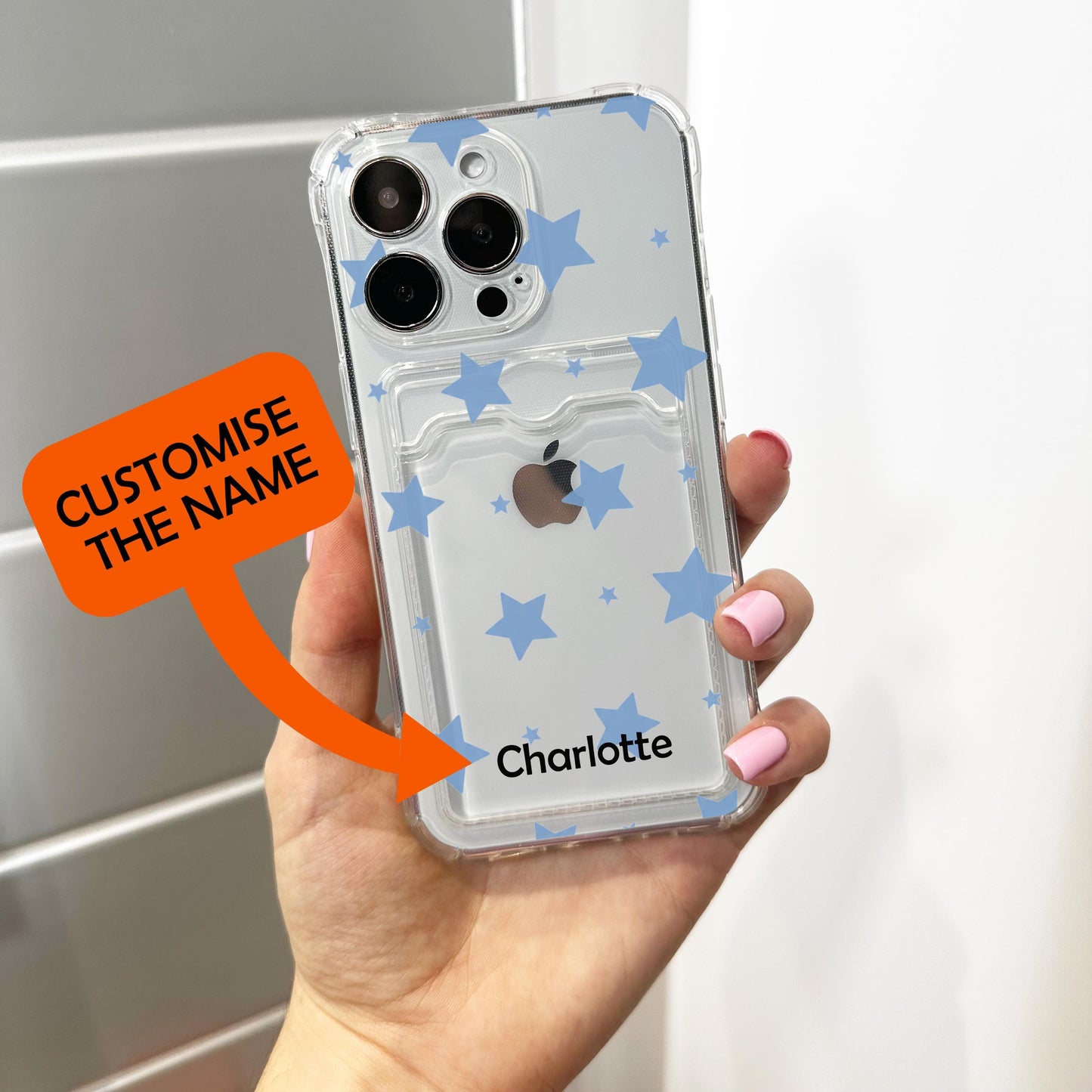 Baby Blue Star Card Holder Phone Case for iPhone 17 16 15 14 13 12 11 11 Pro Max Mini 7 8 XR XS X Wallet Shockproof Phone Cover Custom Name