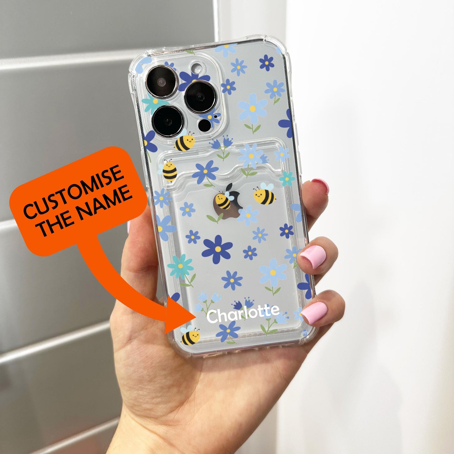 Blue Flower Bee Card Holder Phone Case for iPhone 17 16 15 14 13 12 11 11 Pro Max Mini 7 8 XR XS X Wallet Shockproof Phone Cover Custom Name