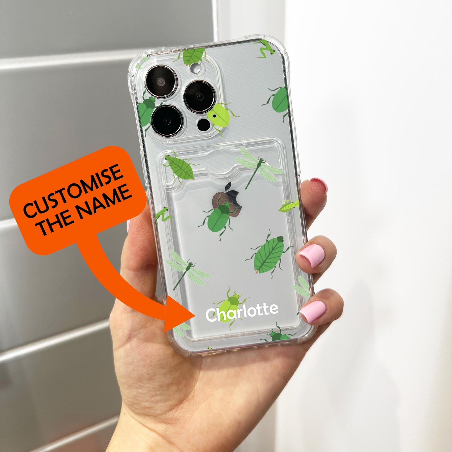 Green Insect Card Holder Phone Case for iPhone 17 16 15 14 13 12 11 11 Pro Max Mini 7 8 XR XS X Wallet Shockproof Phone Cover Custom Name