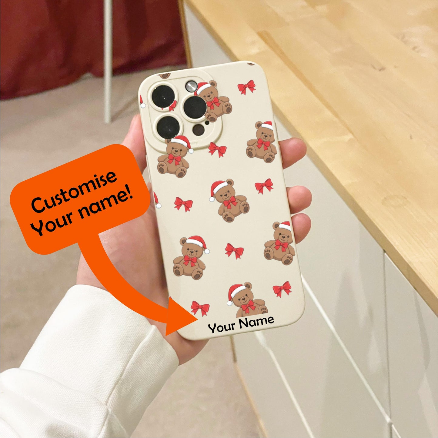 Christmas Teddy Bear Bow Beige Phone Case for iPhone 17 16 15 14 13 12 11 11 Pro Max Mini 7 8 XR XS X Shockproof Phone Cover Custom Name