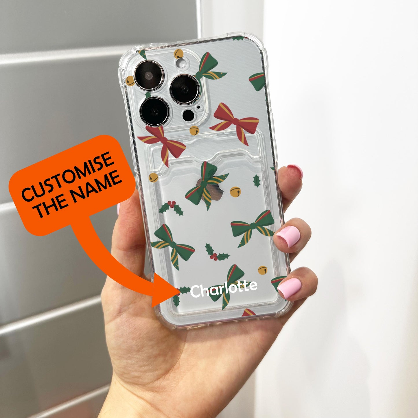 Christmas Bow Card Holder Phone Case for iPhone 17 16 15 14 13 12 11 11 Pro Max Mini 7 8 XR XS X Wallet Shockproof Phone Cover Custom Name