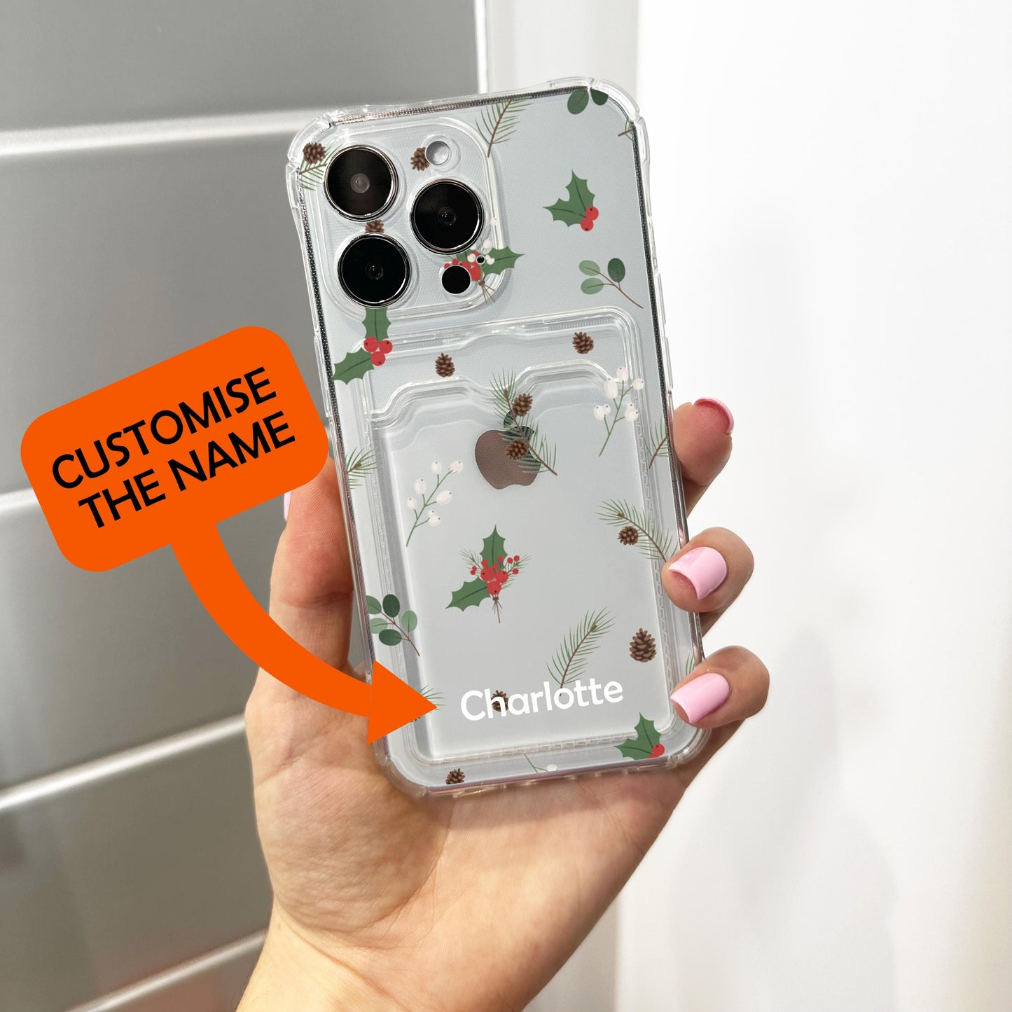 Christmas Pine Holly Berry Card Holder Phone Case for iPhone 17 16 15 14 13 12 11 11 Pro Max Mini 7 XR Wallet Shockproof Phone Cover Custom