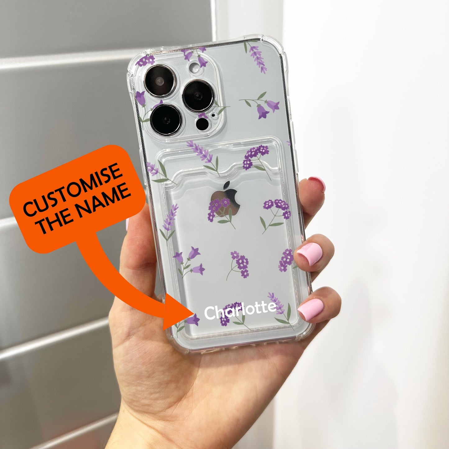 Purple Wild Flower Card Holder Phone Case for iPhone 17 16 15 14 13 12 11 11 Pro Max Mini 7 8 XR X Wallet Shockproof Phone Cover Custom Name