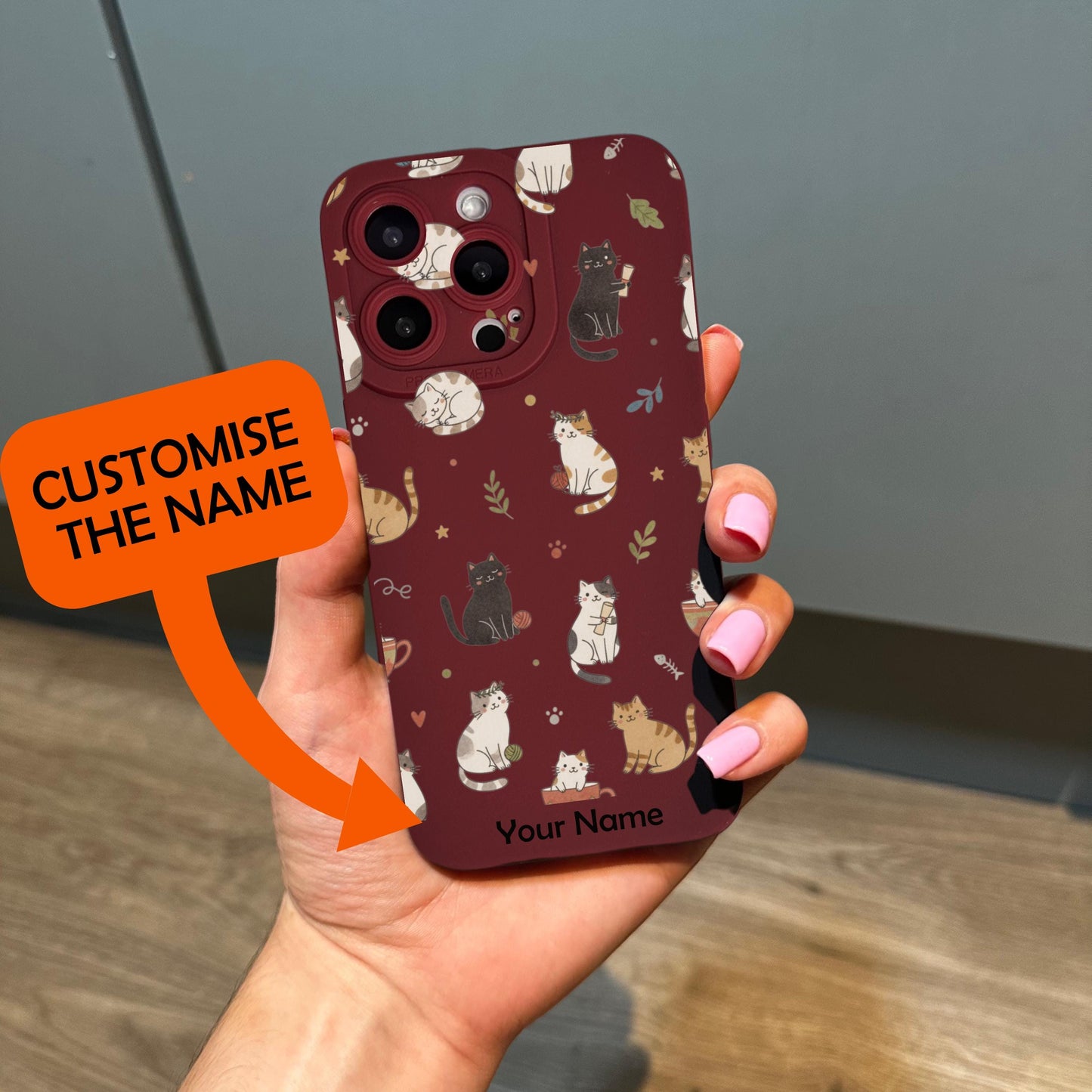 Burgundy Cat Pattern Phone Case for iPhone 17 16 15 14 13 12 11 11 Pro Max Mini 7 8 XR XS X Shockproof Phone Cover with Custom Name