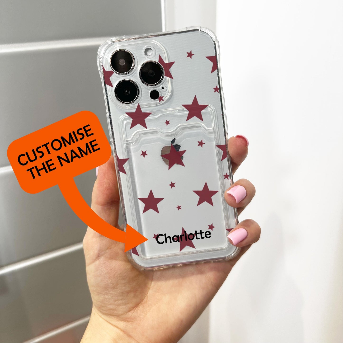 Burgundy Star Clear Card Holder Phone Case for iPhone 17 16 15 14 13 12 11 11 Pro Max Mini 7 XR X Wallet Shockproof Phone Cover Custom Name