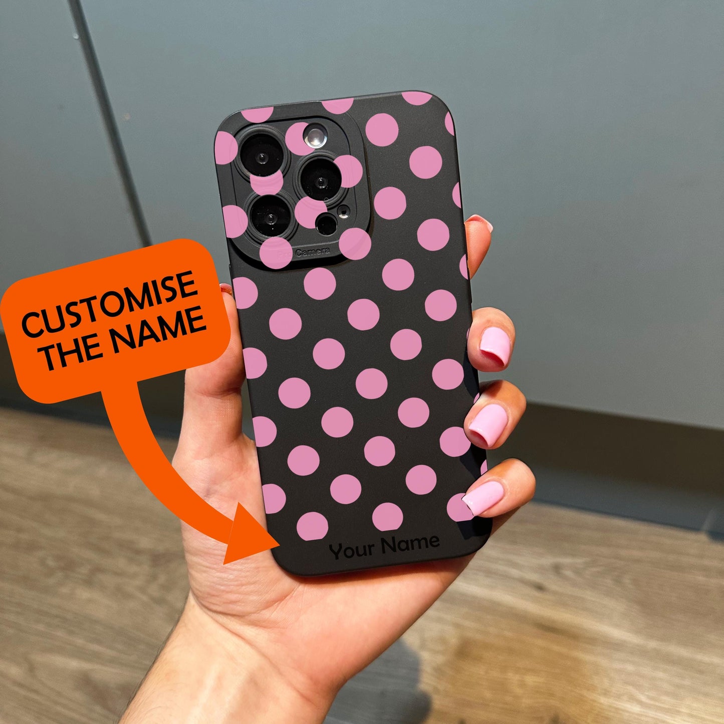 Pink Polka Dot Pattern Black Phone Case for iPhone 17 16 15 14 13 12 11 11 Pro Max Mini 7 8 XR XS X Shockproof Phone Cover Personalised Name