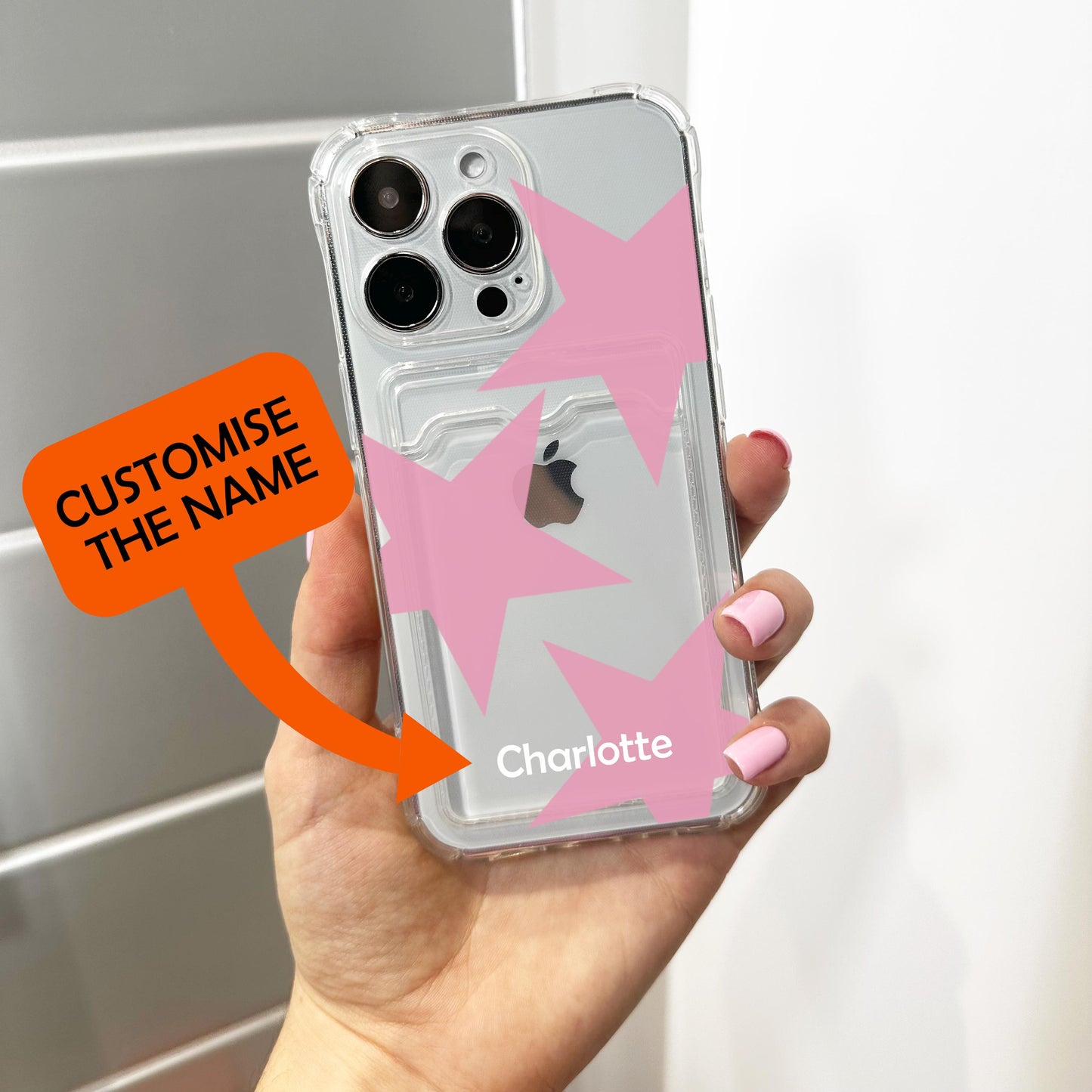Pink Star Clear Card Holder Phone Case for iPhone 17 16 15 14 13 12 11 11 Pro Max Mini 7 8 XR XS X Wallet Shockproof Phone Cover Custom Name
