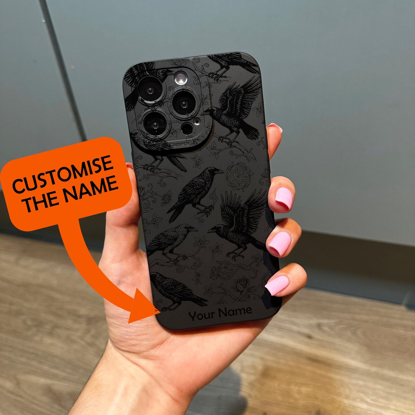 Black Gothic Ornate Ravens Crows Phone Case for iPhone 17 16 15 14 13 12 11 11 Pro Max Mini 7 8 XR Shockproof Phone Cover with Custom Name