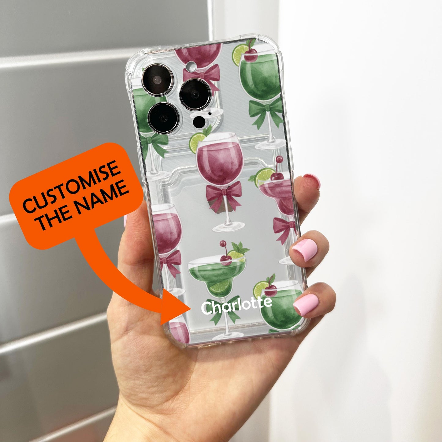 Cocktail Bow Green Burgundy Card Holder Phone Case for iPhone 17 16 15 14 13 12 11 11 Pro Max Mini 7 8 XR XS X Wallet Shockproof Phone Cover