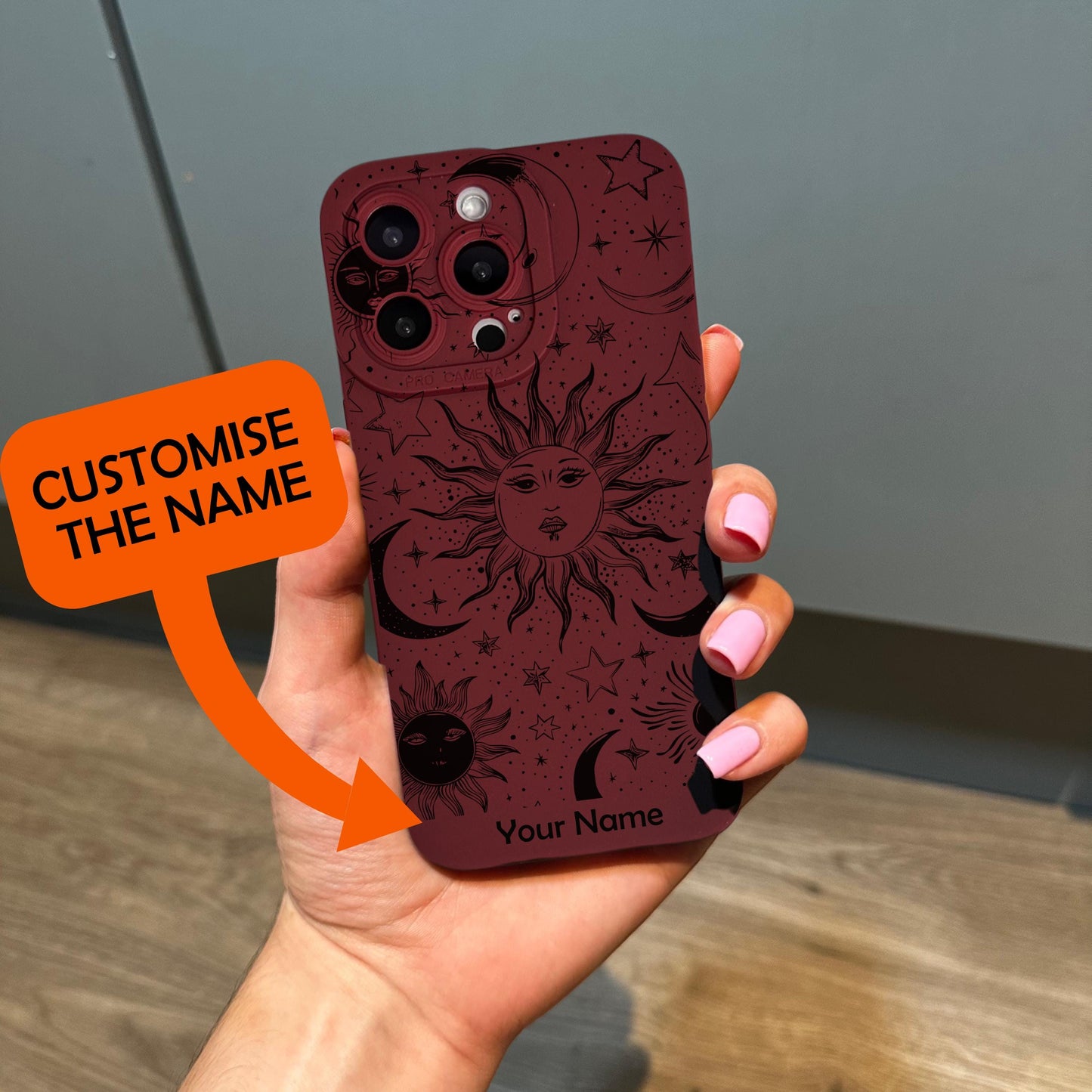 Celestial Moon Star Sun Burgundy Phone Case for iPhone 17 16 15 14 13 12 11 11 Pro Max Mini 7 8 XR XS X Shockproof Phone Cover Custom Name