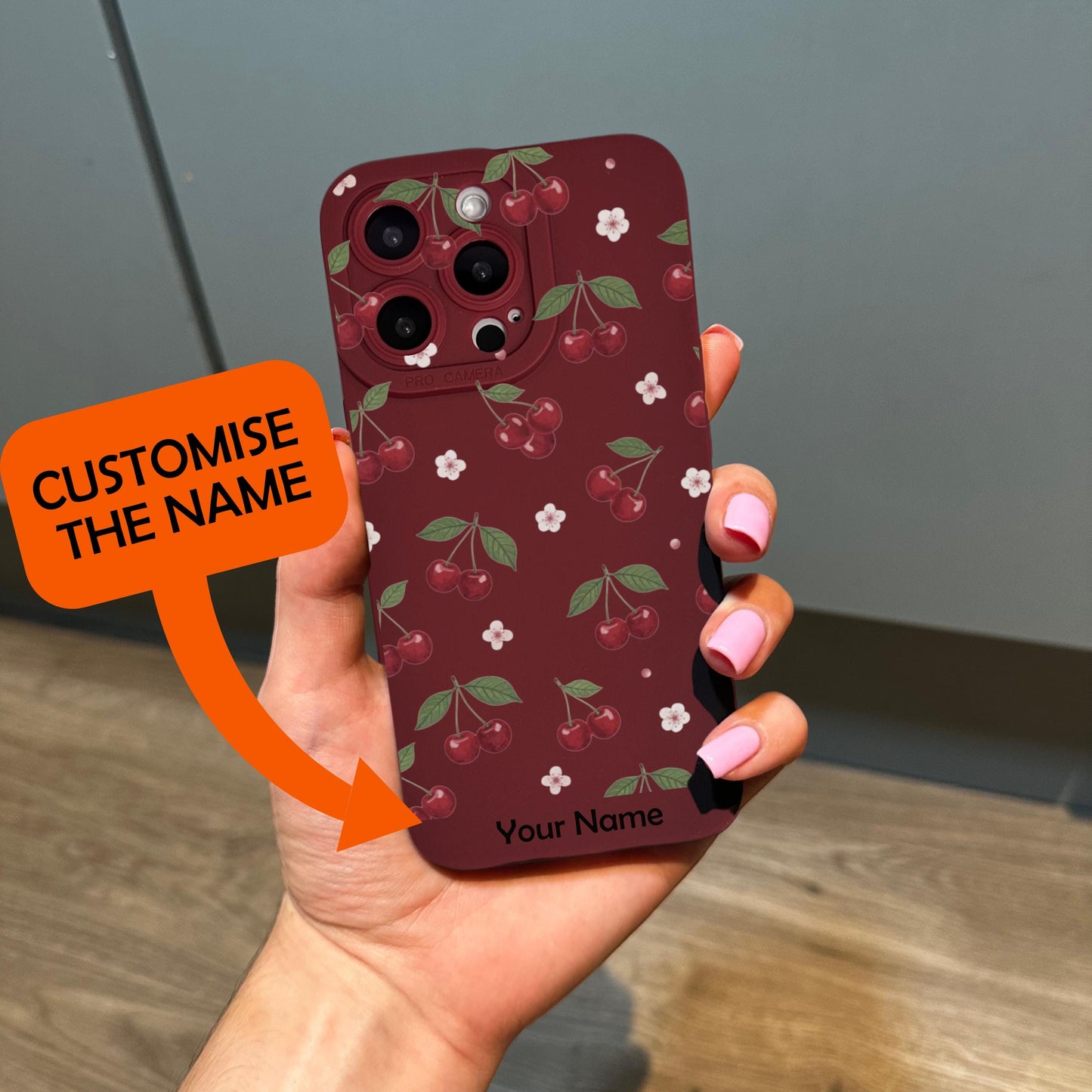 Cherry Floral Burgundy Phone Case for iPhone 17 16 15 14 13 12 11 11 Pro Max Mini 7 8 XR XS X Shockproof Phone Cover with Custom Name
