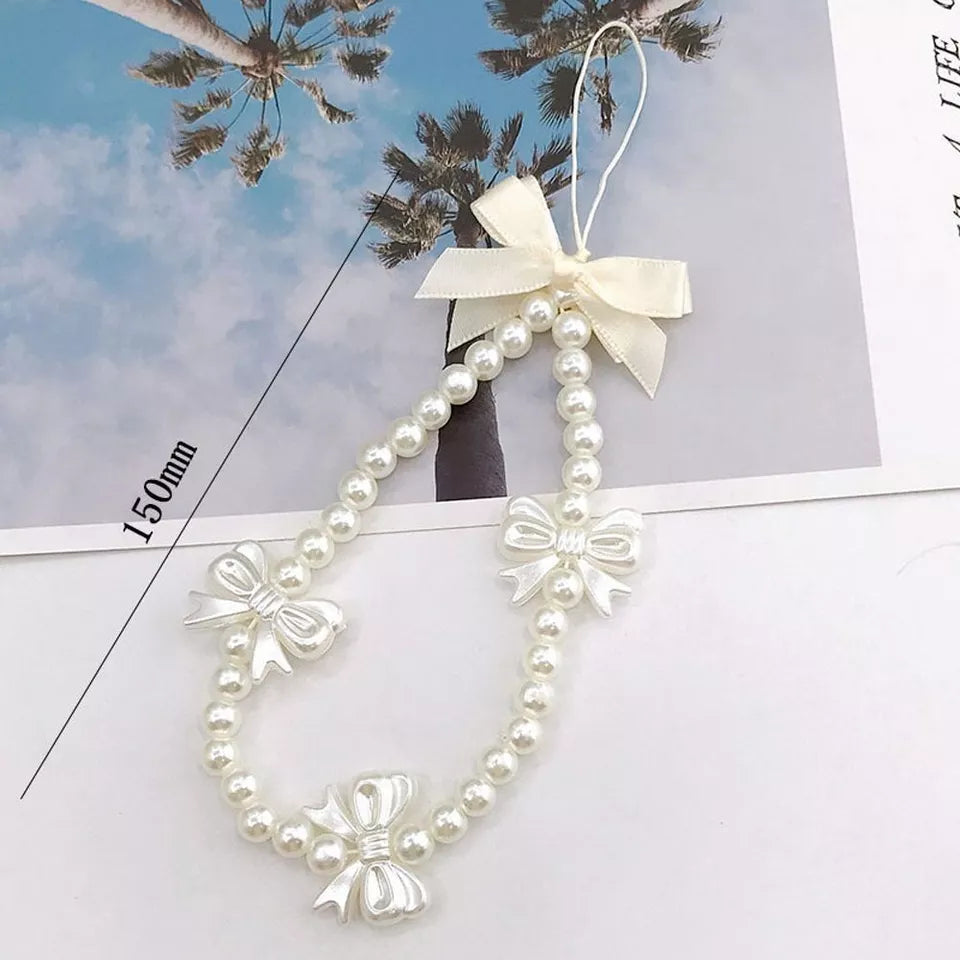 Pearl Bow Mobile Phone Strap Charm Wrist Hand Lanyard Phone Charm Hand Strap