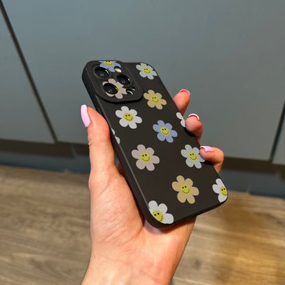 Floral Cute Phone Case with Smiley Face Petals for iPhone 15 14 13 12 11 11 Pro Max Mini 7 8 XR X Shockproof Phone Cover Personalised Name