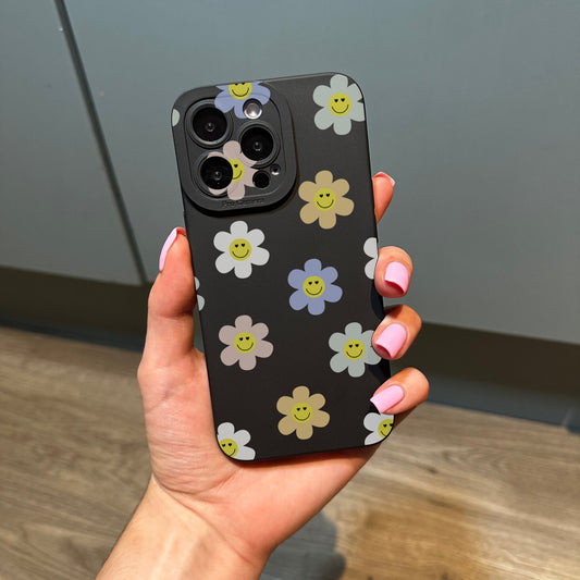 Floral Cute Phone Case with Smiley Face Petals for iPhone 15 14 13 12 11 11 Pro Max Mini 7 8 XR X Shockproof Phone Cover Personalised Name