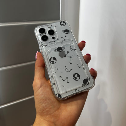 Space Planet Card Holder Phone Case for iPhone 17 16 15 14 13 12 11 11 Pro Max Mini 7 8 XR X Wallet Shockproof Phone Cover with Custom Name