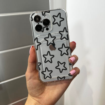 Black Star Clear Card Holder Phone Case for iPhone 15 14 13 12 11 11 Pro Max Mini 7 8 XR XS X Shockproof Phone Cover with Customised Name