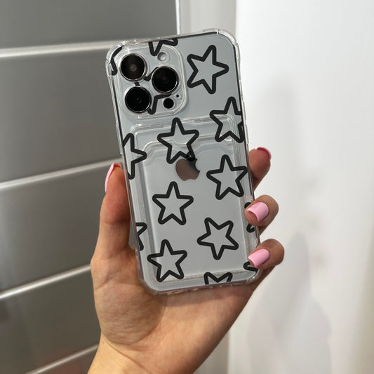 Black Star Clear Card Holder Phone Case for iPhone 15 14 13 12 11 11 Pro Max Mini 7 8 XR XS X Shockproof Phone Cover with Customised Name