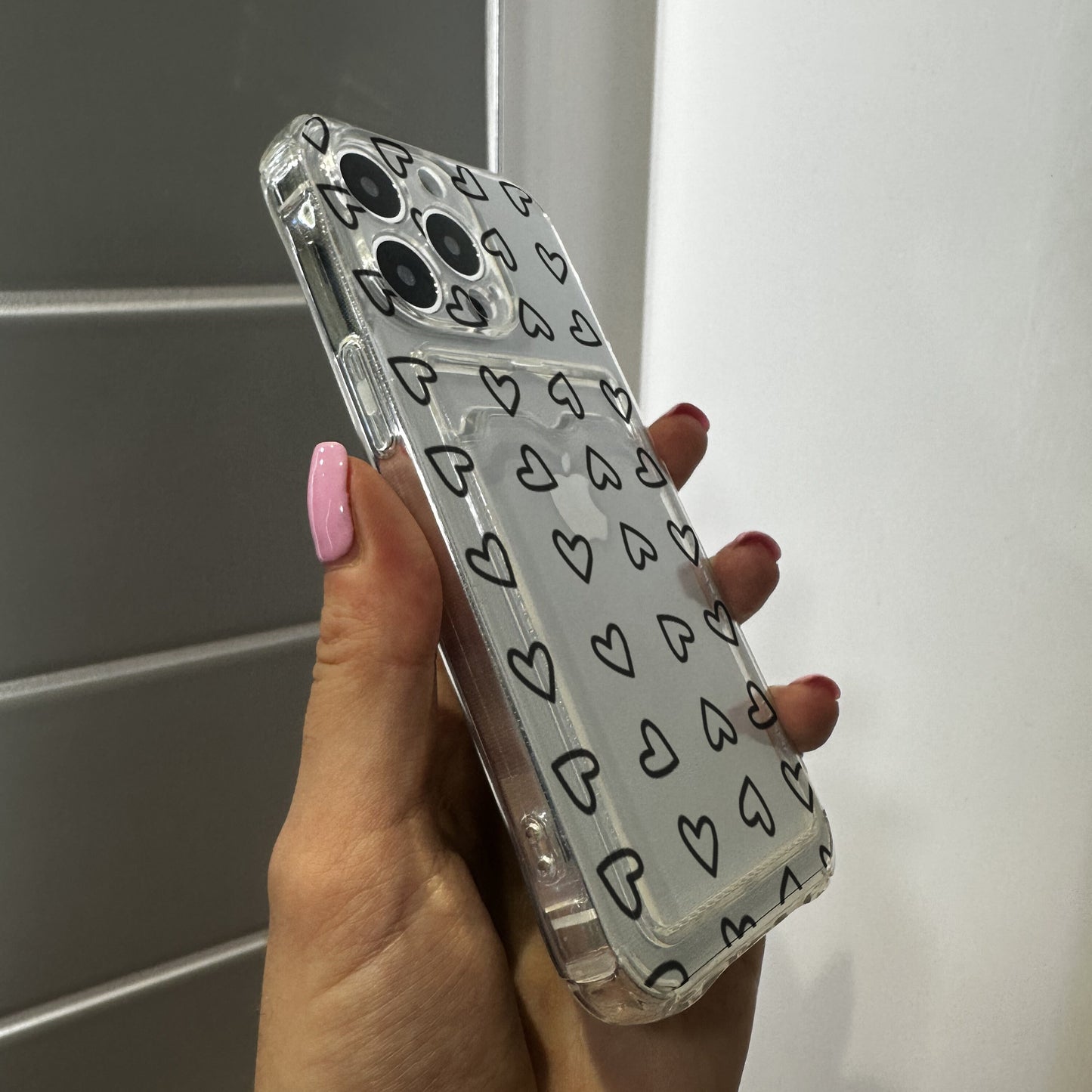 Clear Cute Heart Card Holder Phone Case for iPhone 15 14 13 12 11 11 Pro Max Mini 7 8 XR XS X Shockproof Phone Cover with Customised Name