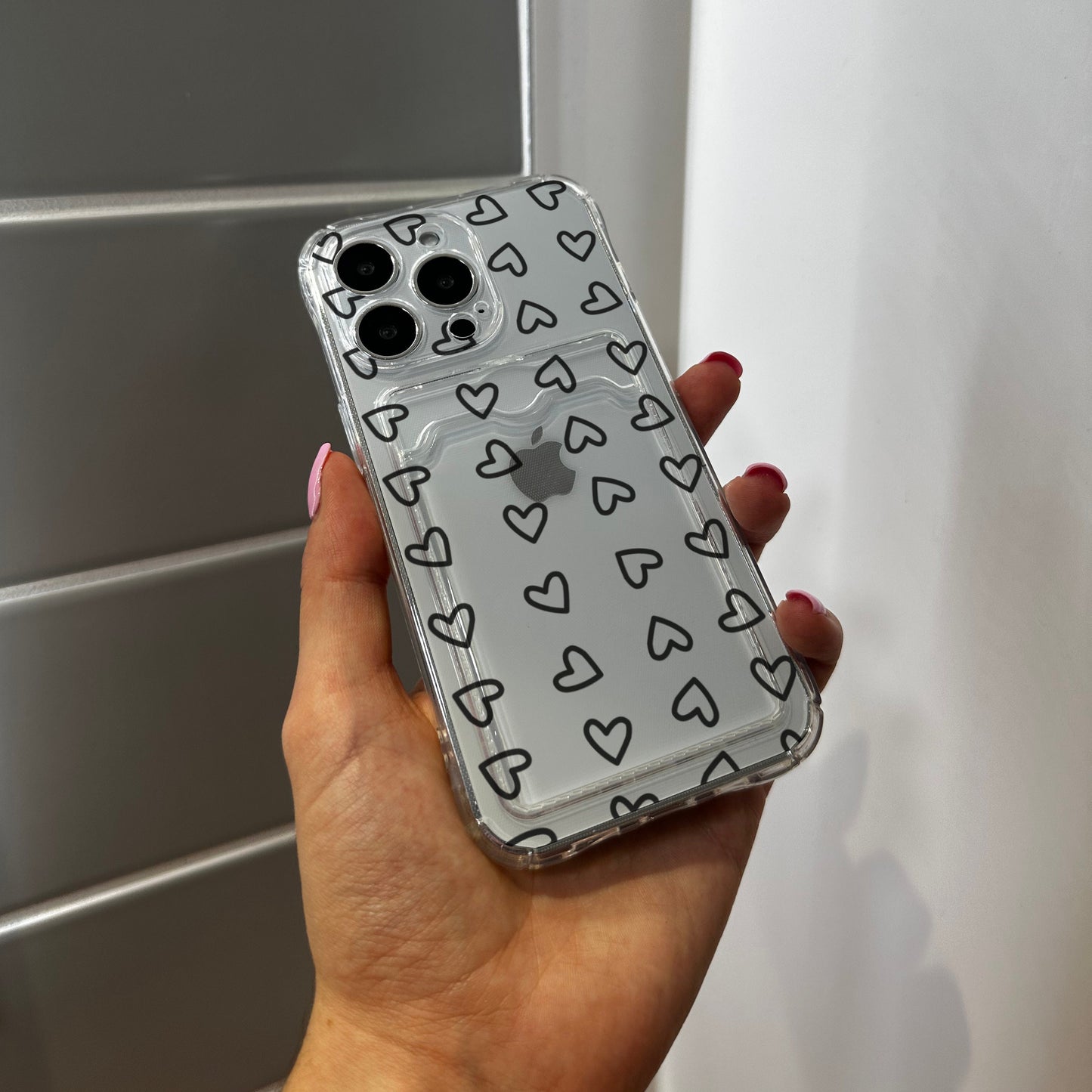 Clear Cute Heart Card Holder Phone Case for iPhone 15 14 13 12 11 11 Pro Max Mini 7 8 XR XS X Shockproof Phone Cover with Customised Name