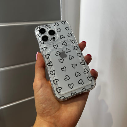 Clear Cute Heart Card Holder Phone Case for iPhone 15 14 13 12 11 11 Pro Max Mini 7 8 XR XS X Shockproof Phone Cover with Customised Name