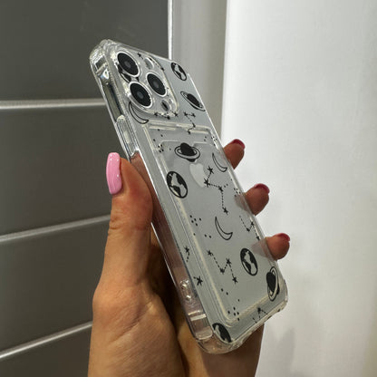 Space Planet Card Holder Phone Case for iPhone 17 16 15 14 13 12 11 11 Pro Max Mini 7 8 XR X Wallet Shockproof Phone Cover with Custom Name