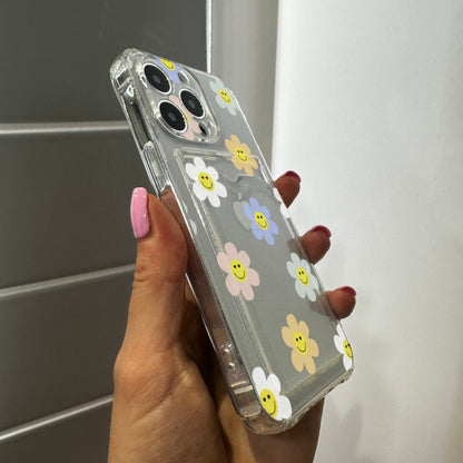 Floral Cute Clear Card Holder Phone Case for iPhone 17 16 15 14 13 12 11 11 Pro Max Mini 7 8 XR XS X Shockproof Phone Cover Customised Name