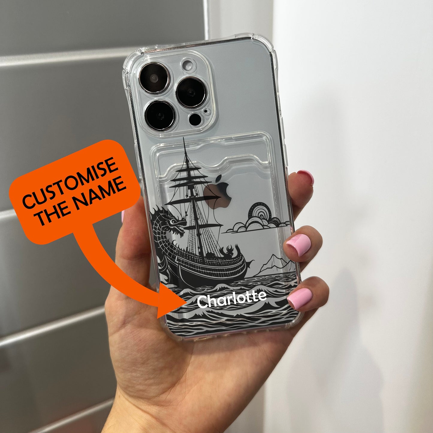 Ship Dragon Sea Card Holder Phone Case for iPhone 15 14 13 12 11 11 Pro Max Mini 7 8 XR XS X Shockproof Phone Cover with Customised Name