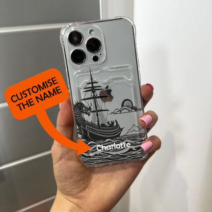 Ship Dragon Sea Card Holder Phone Case for iPhone 15 14 13 12 11 11 Pro Max Mini 7 8 XR XS X Shockproof Phone Cover with Customised Name