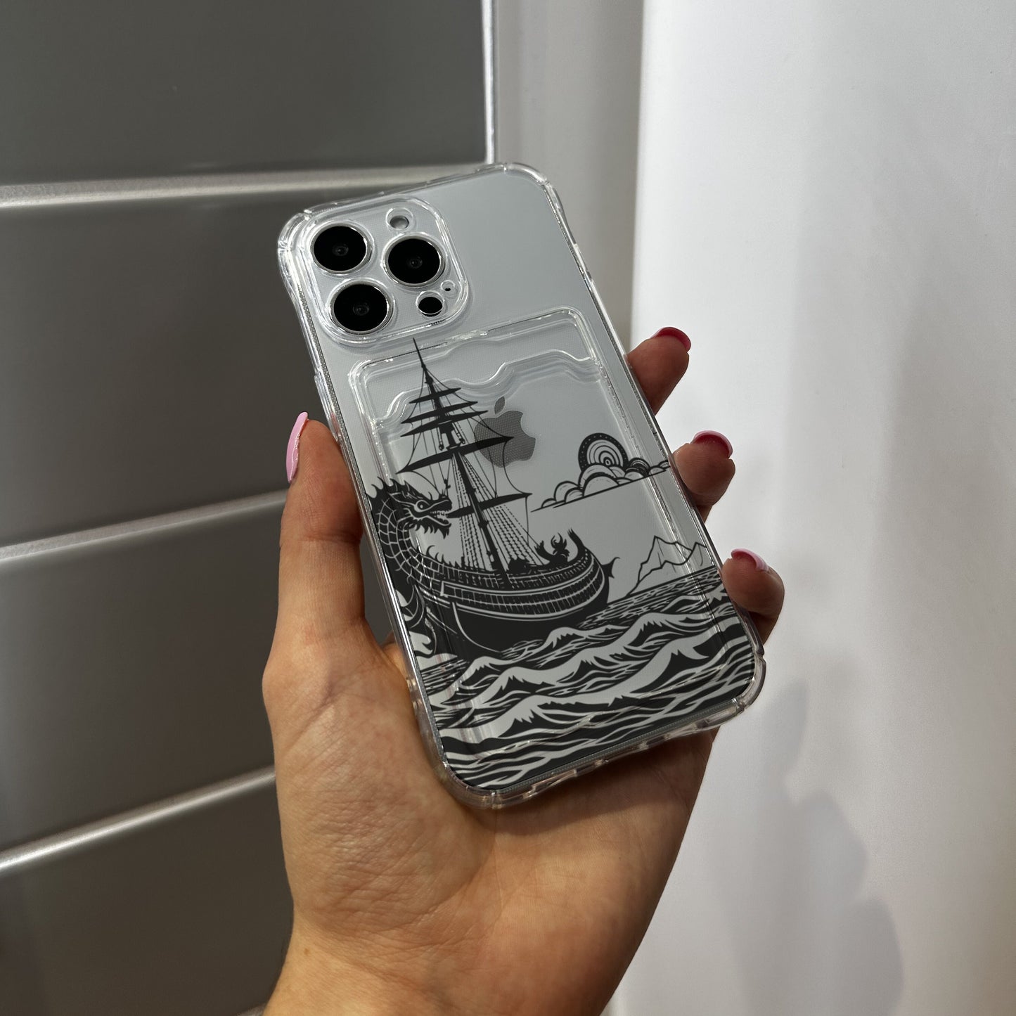 Ship Dragon Sea Card Holder Phone Case for iPhone 15 14 13 12 11 11 Pro Max Mini 7 8 XR XS X Shockproof Phone Cover with Customised Name