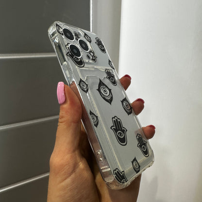 Evil Eye Protection Card Holder Phone Case for iPhone 17 15 15 14 13 12 11 11 Pro Max Mini 7 8 XR XS X Shockproof Phone Cover Custom Name