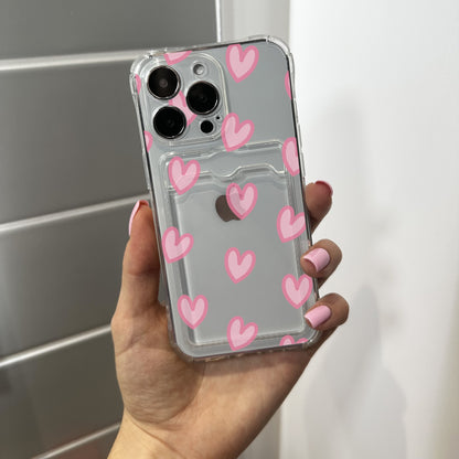 Pink Heart Cute Card Holder Phone Case for iPhone 15 14 13 12 11 11 Pro Max Mini 7 8 XR XS X Shockproof Phone Cover with Customised Name