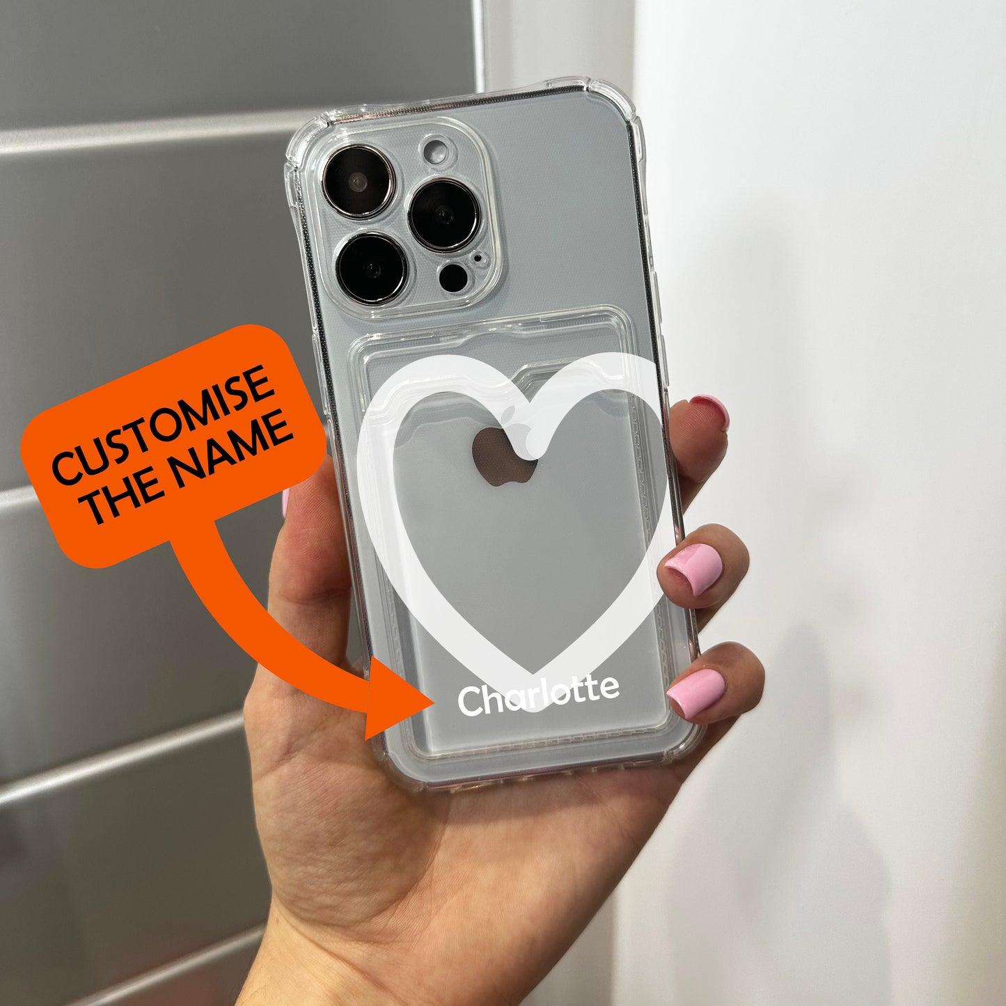 Heart Card Holder Phone Case for iPhone 15 14 13 12 11 11 Pro Max Mini 7 8 XR XS X Wallet Shockproof Phone Cover with Customised Name