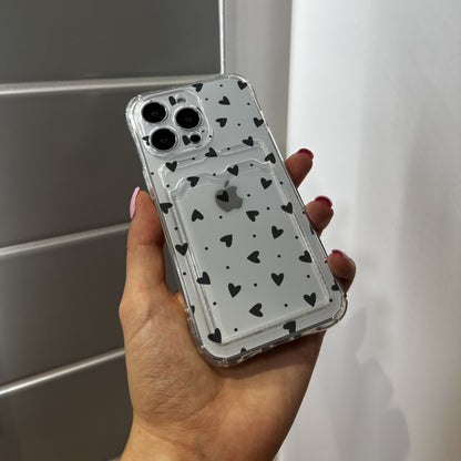 Black Heart Card Holder Phone Case for iPhone 17 16 15 14 13 12 11 11 Pro Max Mini 7 8 XR XS X Wallet Shockproof Phone Cover Customised Name