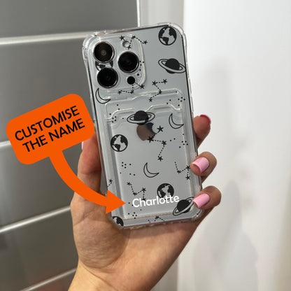 Space Planet Card Holder Phone Case for iPhone 17 16 15 14 13 12 11 11 Pro Max Mini 7 8 XR X Wallet Shockproof Phone Cover with Custom Name