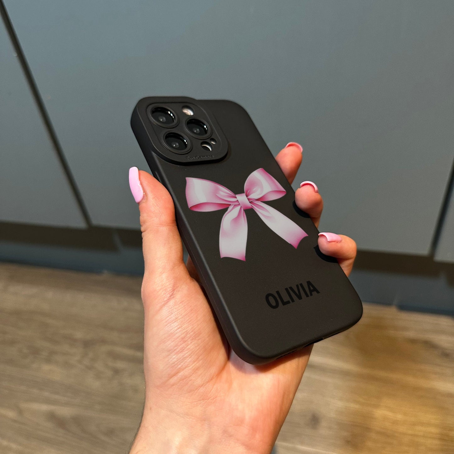 Personalised Name Pink Bow Phone Case with Modern Name for iPhone 17 16 15 14 13 12 11 11 Pro Max Mini 7 8 XR XS X Shockproof Cover Ribbon