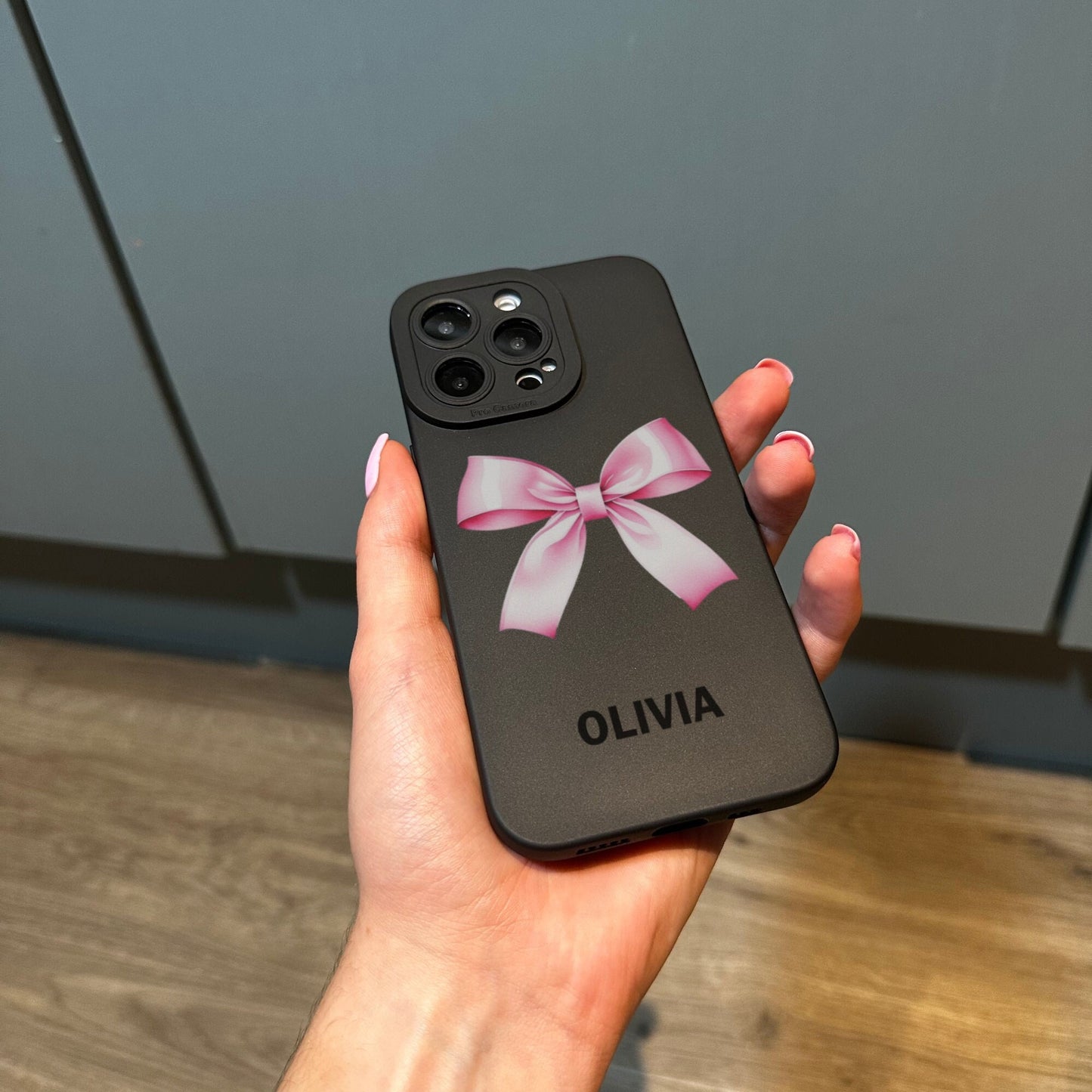Personalised Name Pink Bow Phone Case with Modern Name for iPhone 17 16 15 14 13 12 11 11 Pro Max Mini 7 8 XR XS X Shockproof Cover Ribbon