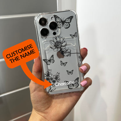 Floral Butterfly Card Holder Phone Case for iPhone 17 16 15 14 13 12 11 11 Pro Max Mini 7 8 XR XS X Shockproof Phone Cover with Custom Name