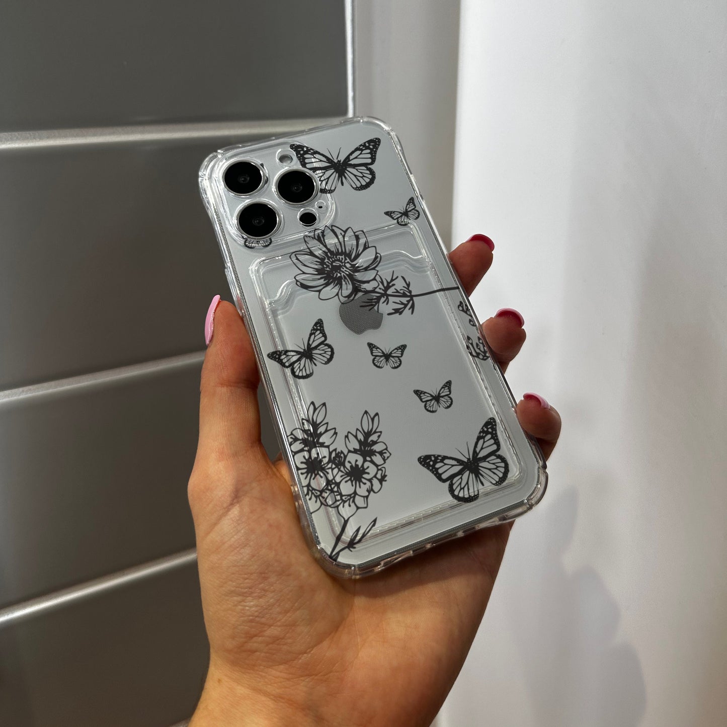 Floral Butterfly Card Holder Phone Case for iPhone 17 16 15 14 13 12 11 11 Pro Max Mini 7 8 XR XS X Shockproof Phone Cover with Custom Name