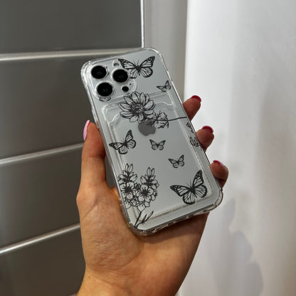 Floral Butterfly Card Holder Phone Case for iPhone 17 16 15 14 13 12 11 11 Pro Max Mini 7 8 XR XS X Shockproof Phone Cover with Custom Name