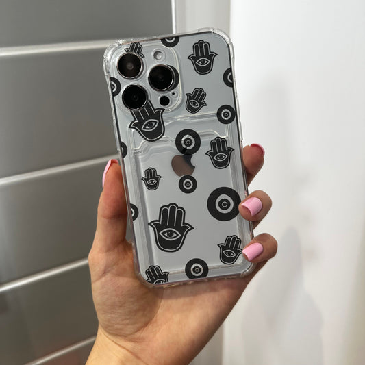 Evil Eye Clear Card Holder Phone Case for iPhone 15 14 13 12 11 11 Pro Max Mini 7 8 XR XS X Shockproof Phone Cover with Customised Name