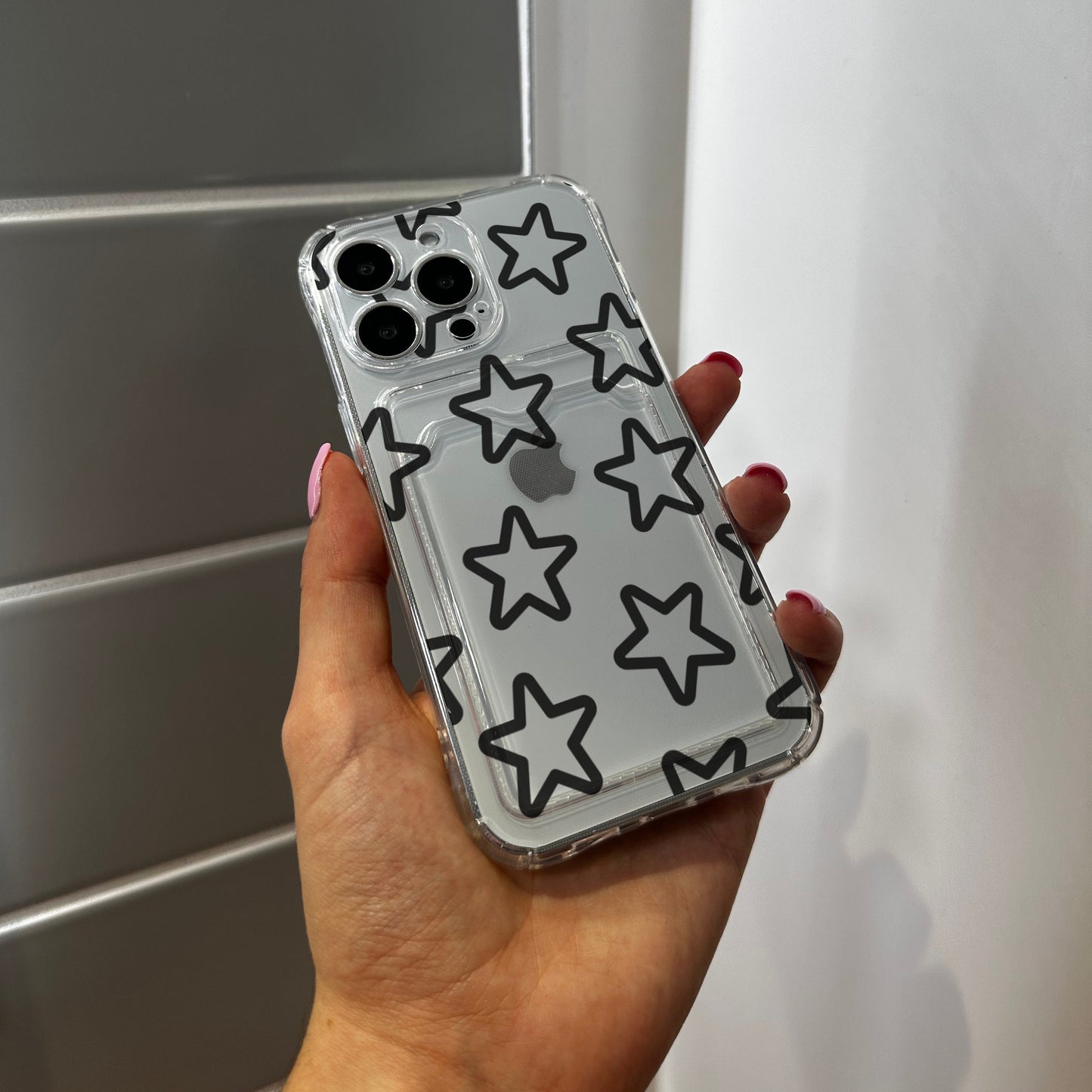 Black Star Clear Card Holder Phone Case for iPhone 15 14 13 12 11 11 Pro Max Mini 7 8 XR XS X Shockproof Phone Cover with Customised Name