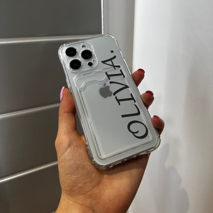 Personalised Cursive Name Clear Card Holder Phone Case for iPhone 17 15 15 14 13 12 11 11 Pro Max Mini 7 8 XR XS X Shockproof Phone Cover