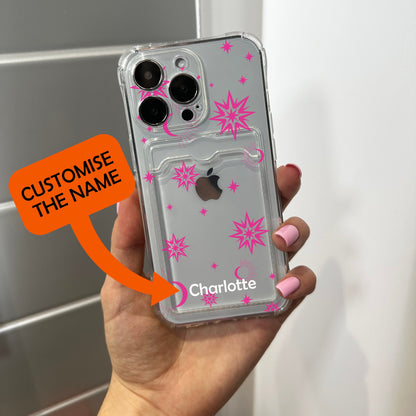 Pink Space Star Card Holder Phone Case for iPhone 15 14 13 12 11 11 Pro Max Mini 7 8 XR XS X Shockproof Phone Cover with Customised Name