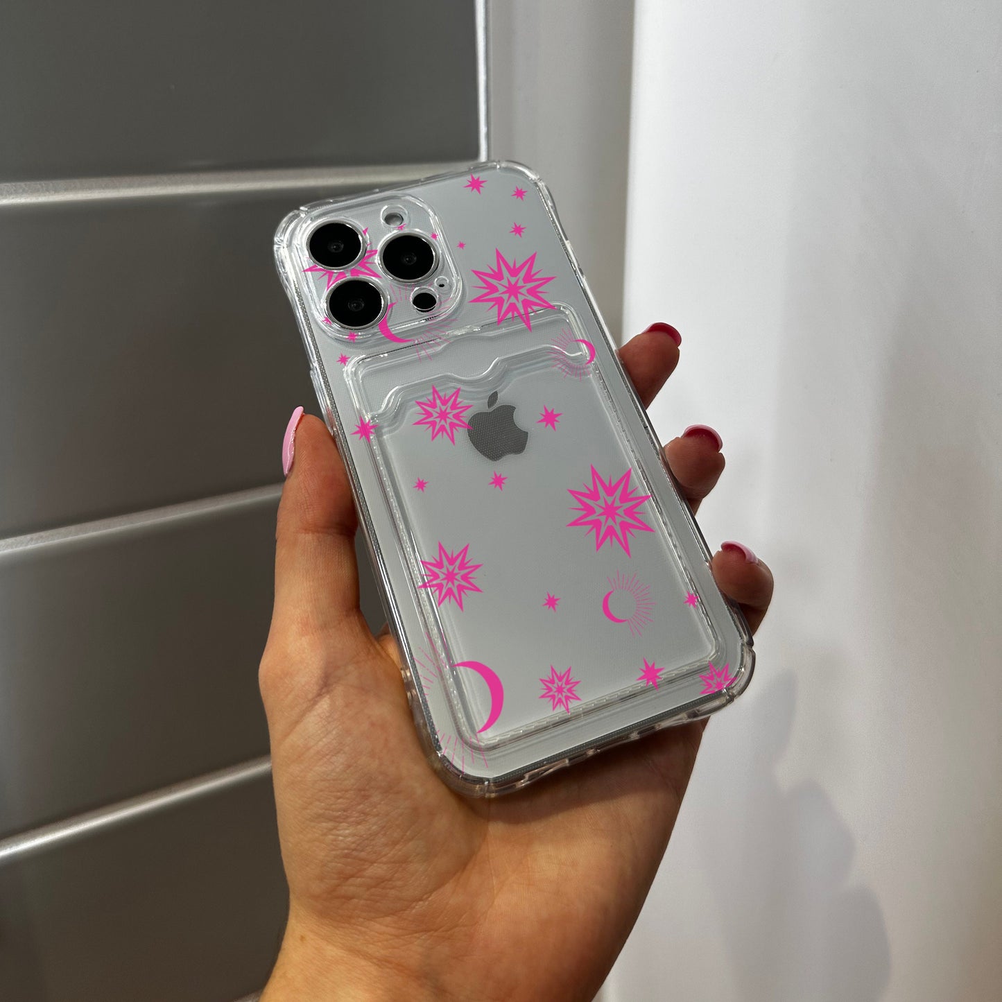 Pink Space Star Card Holder Phone Case for iPhone 15 14 13 12 11 11 Pro Max Mini 7 8 XR XS X Shockproof Phone Cover with Customised Name