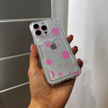 Pink Space Star Card Holder Phone Case for iPhone 15 14 13 12 11 11 Pro Max Mini 7 8 XR XS X Shockproof Phone Cover with Customised Name