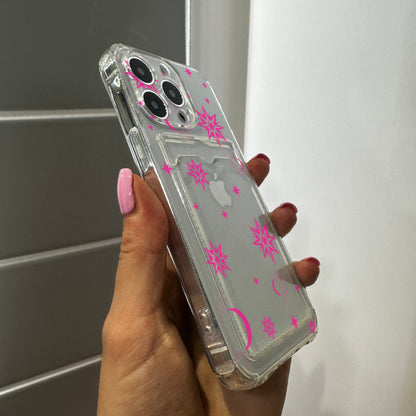 Pink Space Star Card Holder Phone Case for iPhone 15 14 13 12 11 11 Pro Max Mini 7 8 XR XS X Shockproof Phone Cover with Customised Name