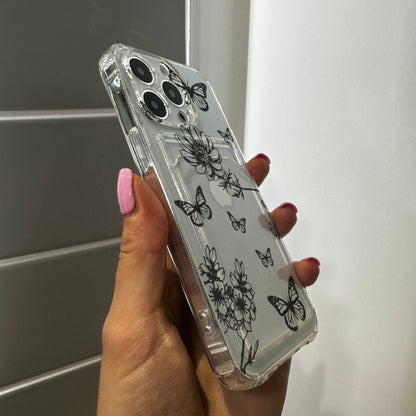 Floral Butterfly Card Holder Phone Case for iPhone 17 16 15 14 13 12 11 11 Pro Max Mini 7 8 XR XS X Shockproof Phone Cover with Custom Name